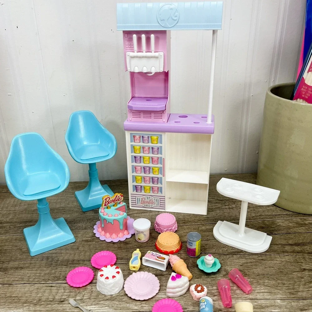Barbie Sweet Shop Playset Ice Cream Counter Chairs Cake Accessories Lot